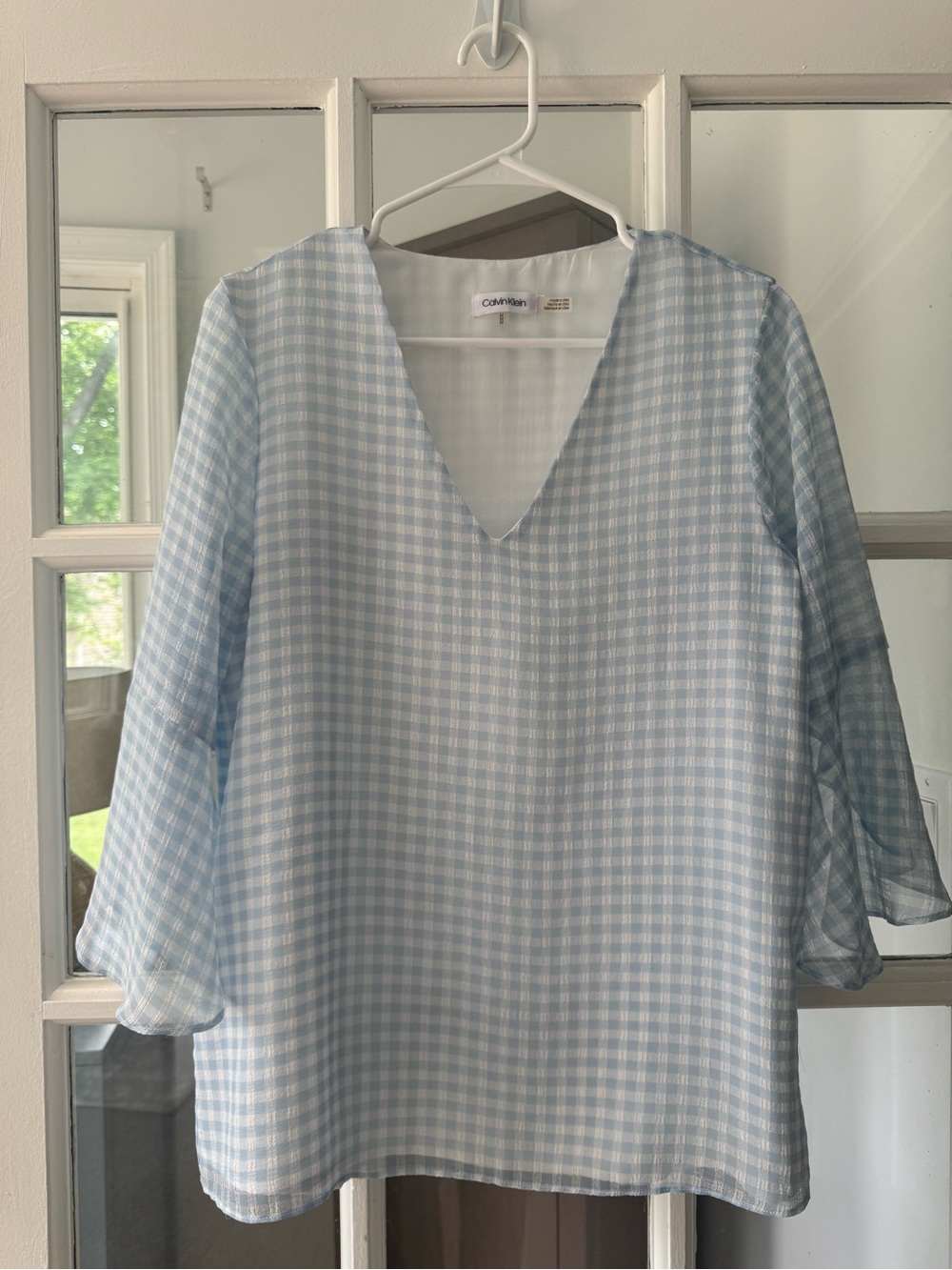 Calvin Klein Light Blue Gingham V-Neck Women's Top Size M